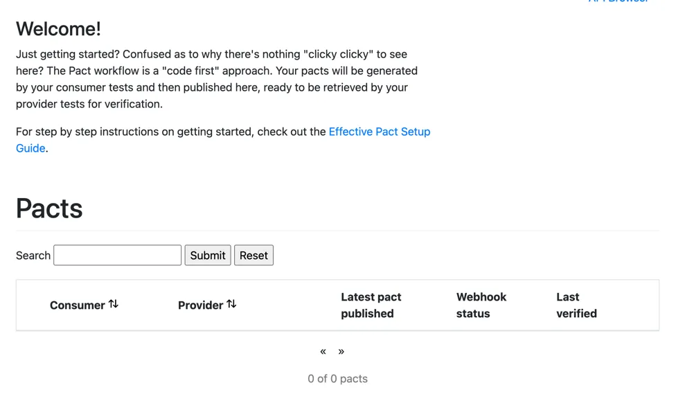 An empty Pact dashboard